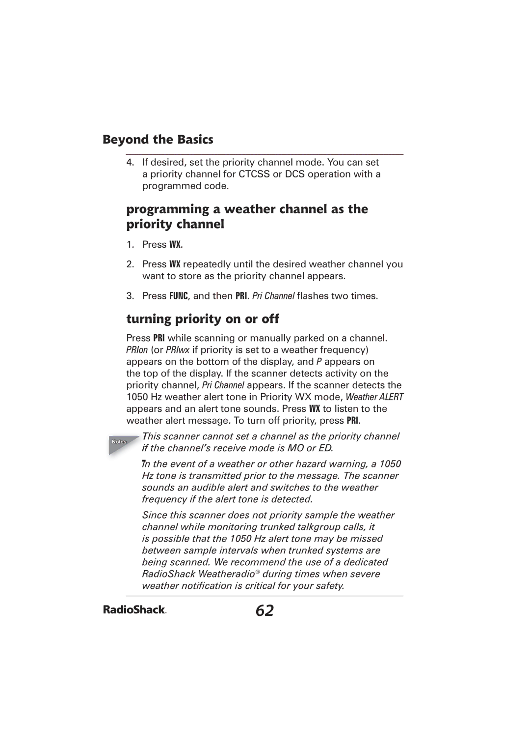 Radio Shack PRO-2096 manual Programming a weather channel as the priority channel, Turning priority on or off 