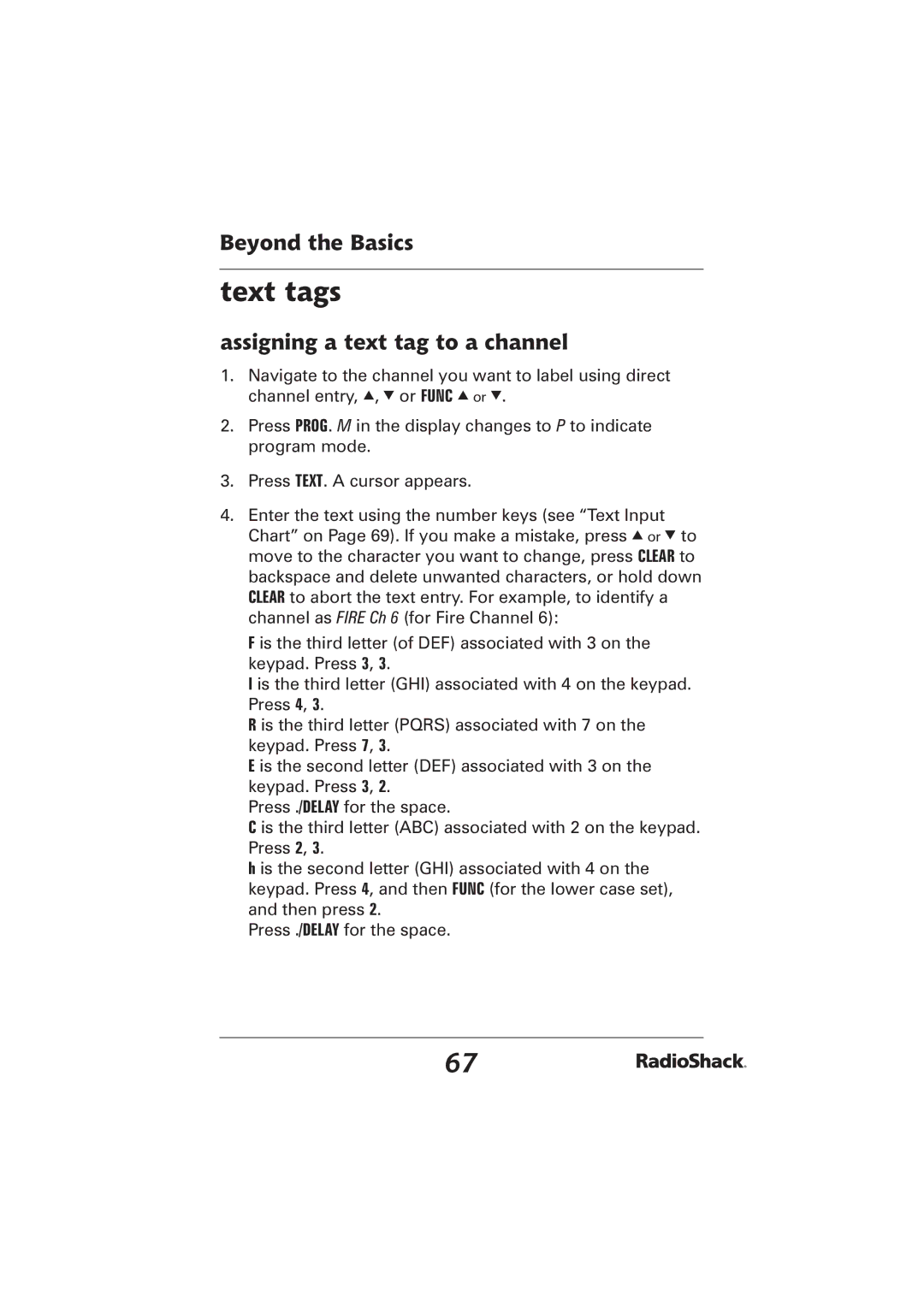 Radio Shack PRO-2096 manual Text tags, Assigning a text tag to a channel 