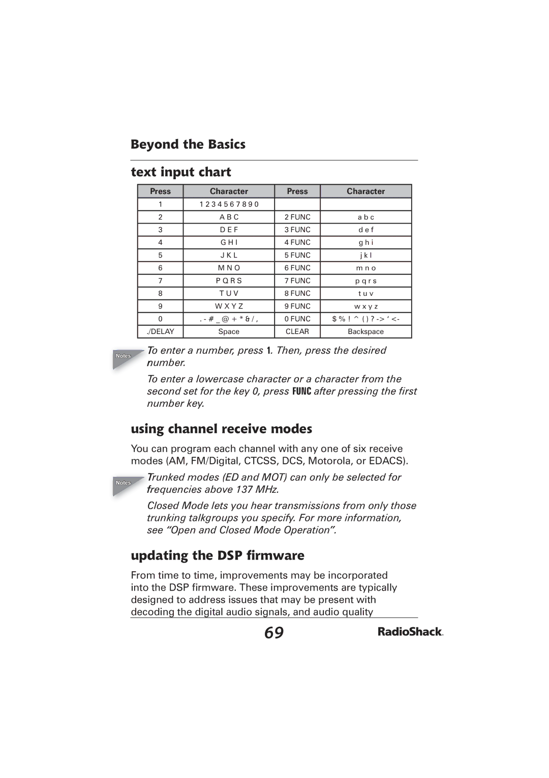 Radio Shack PRO-2096 manual Beyond the Basics Text input chart, Using channel receive modes, Updating the DSP ﬁrmware 