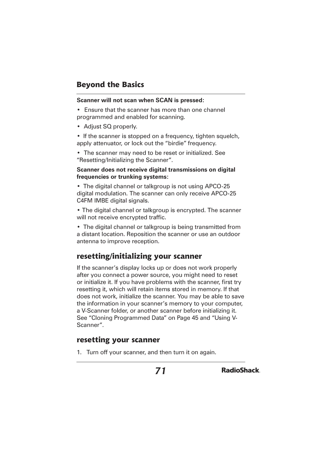 Radio Shack PRO-2096 manual Resetting your scanner, Scanner will not scan when Scan is pressed 