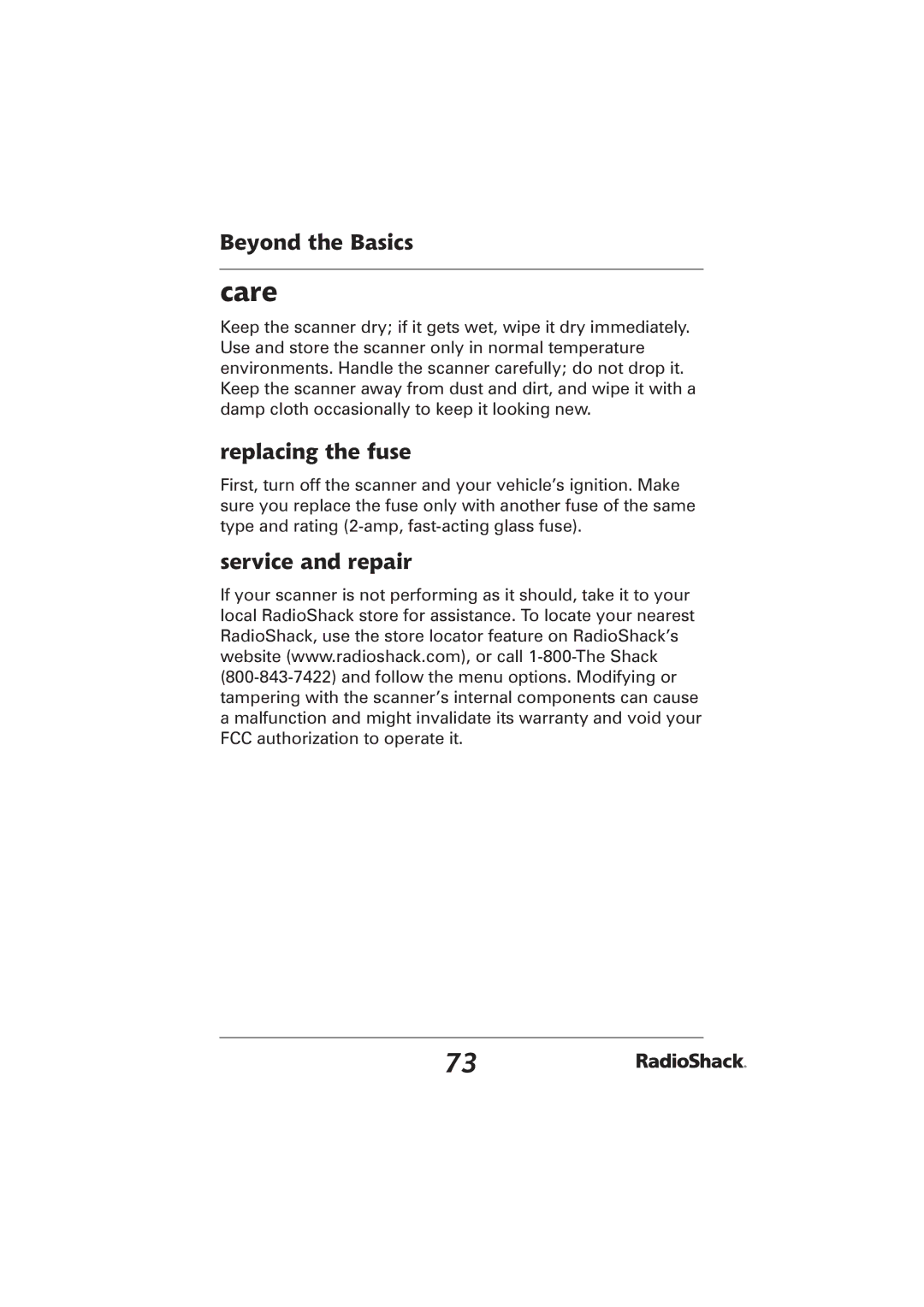 Radio Shack PRO-2096 manual Care, Replacing the fuse, Service and repair 