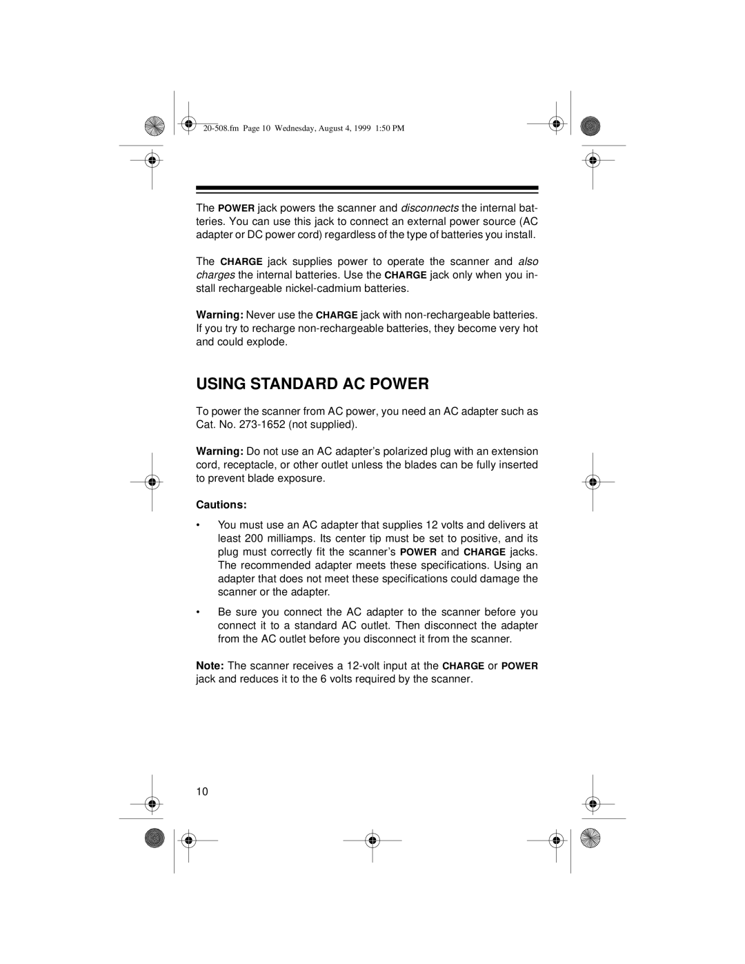 Radio Shack PRO-28 owner manual Using Standard AC Power 