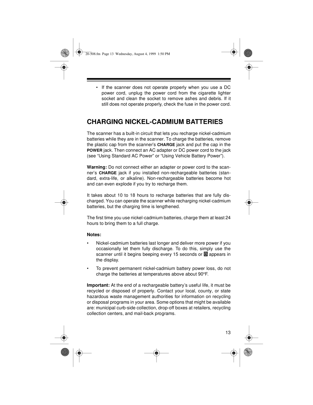 Radio Shack PRO-28 owner manual Charging NICKEL-CADMIUM Batteries 