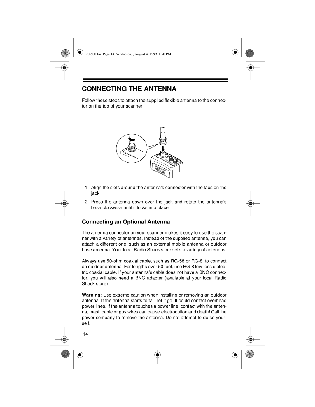 Radio Shack PRO-28 owner manual Connecting the Antenna, Connecting an Optional Antenna 