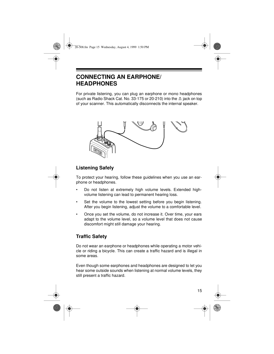 Radio Shack PRO-28 owner manual Connecting AN Earphone Headphones, Listening Safely, Traffic Safety 