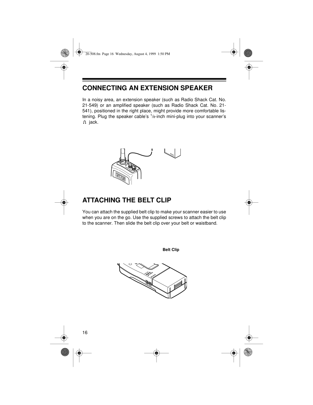 Radio Shack PRO-28 owner manual Connecting AN Extension Speaker, Attaching the Belt Clip 