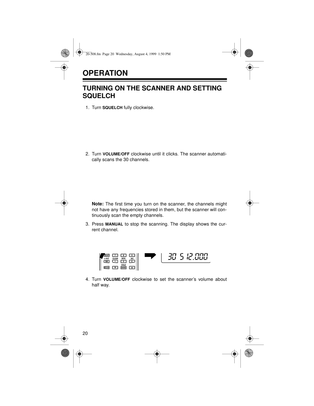 Radio Shack PRO-28 owner manual Operation, Turning on the Scanner and Setting Squelch 