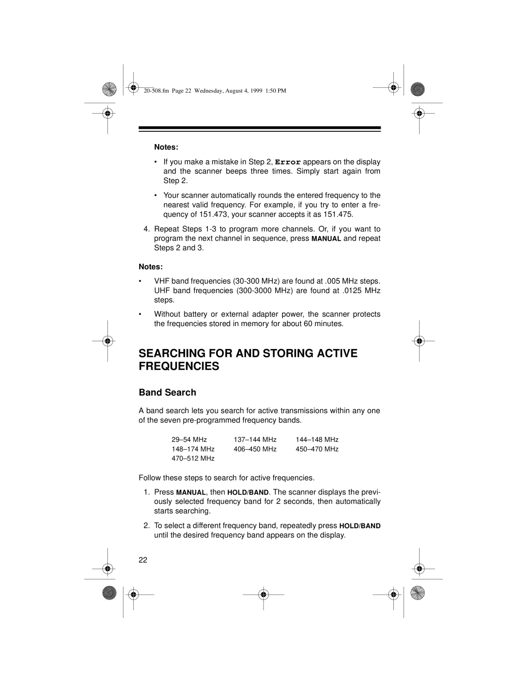 Radio Shack PRO-28 owner manual Searching for and Storing Active Frequencies, Band Search 