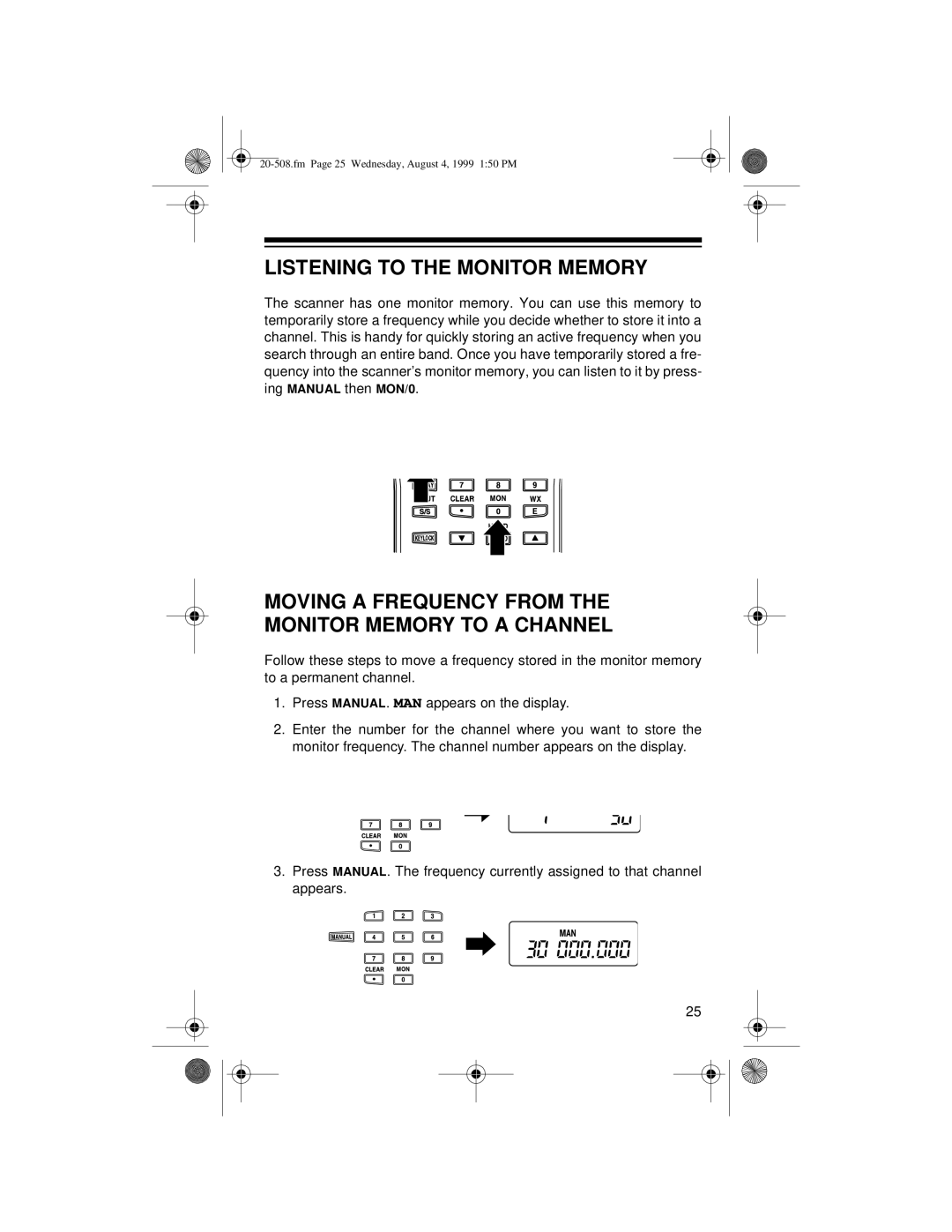 Radio Shack PRO-28 owner manual Listening to the Monitor Memory, Moving a Frequency from the Monitor Memory to a Channel 