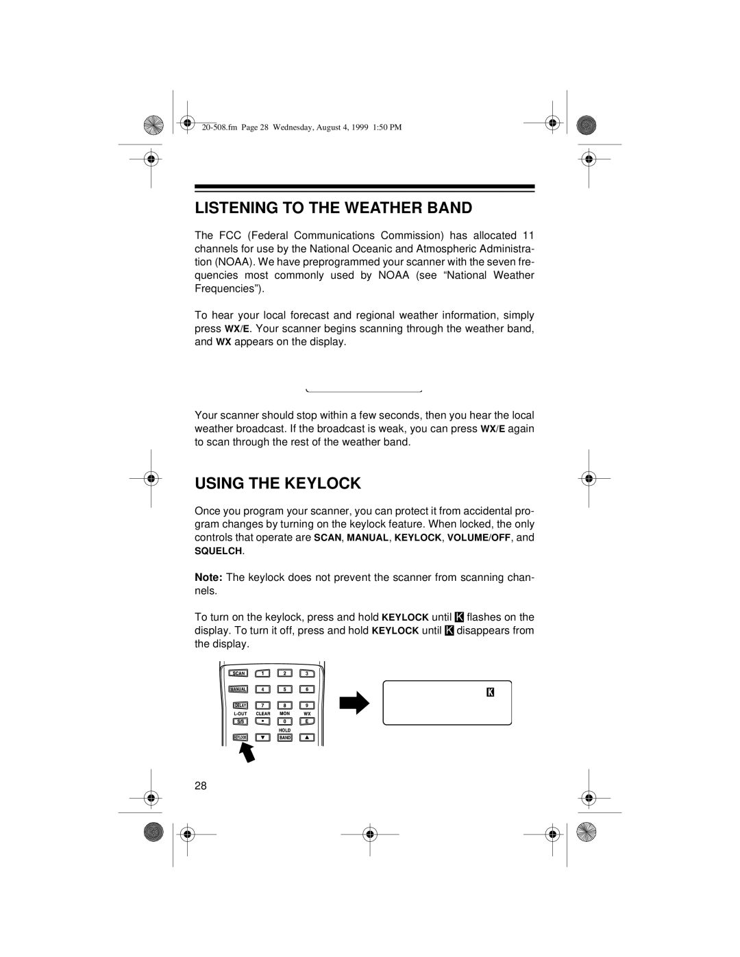 Radio Shack PRO-28 owner manual Listening to the Weather Band, Using the Keylock 