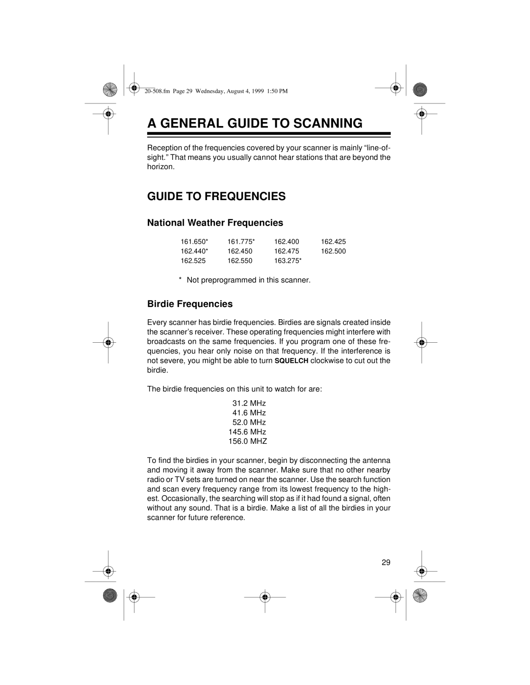 Radio Shack PRO-28 General Guide to Scanning, Guide to Frequencies, National Weather Frequencies, Birdie Frequencies 