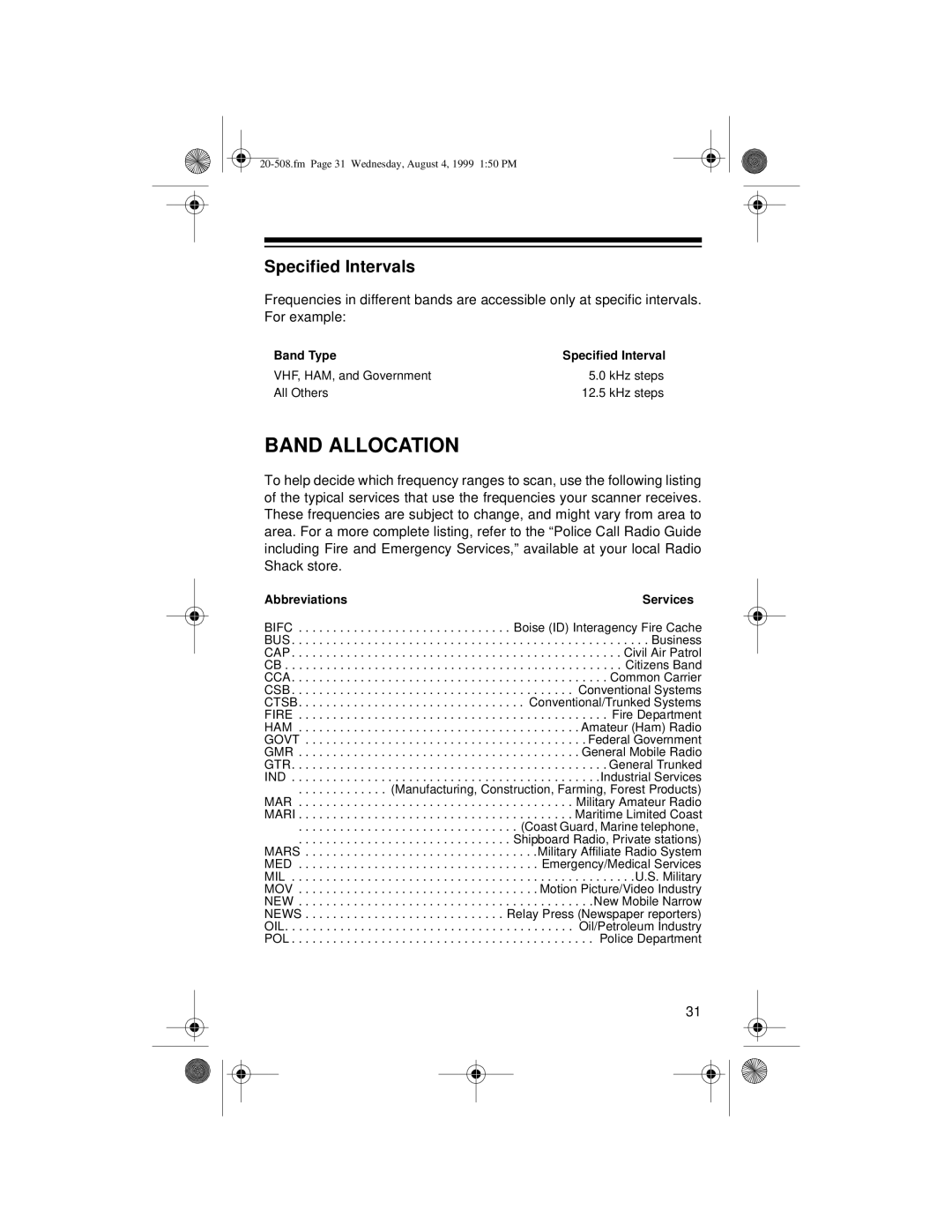 Radio Shack PRO-28 owner manual Band Allocation, Specified Intervals 