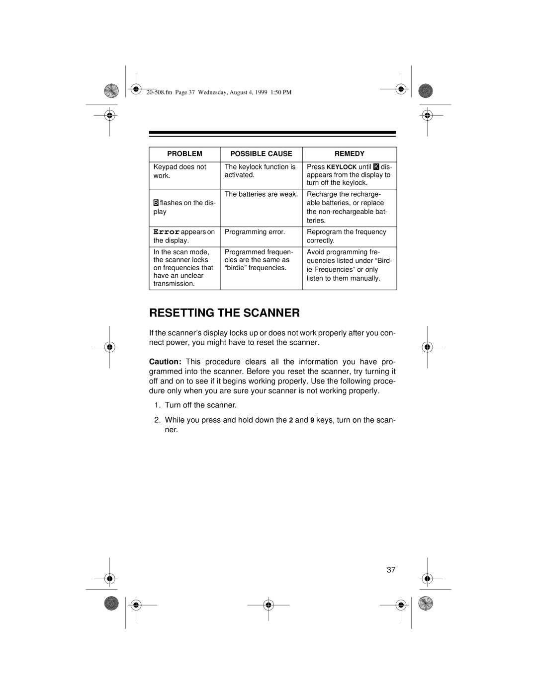 Radio Shack PRO-28 owner manual Resetting the Scanner 