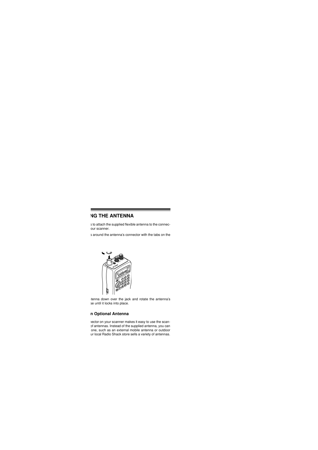 Radio Shack PRO-29 owner manual Connecting the Antenna, Connecting an Optional Antenna 