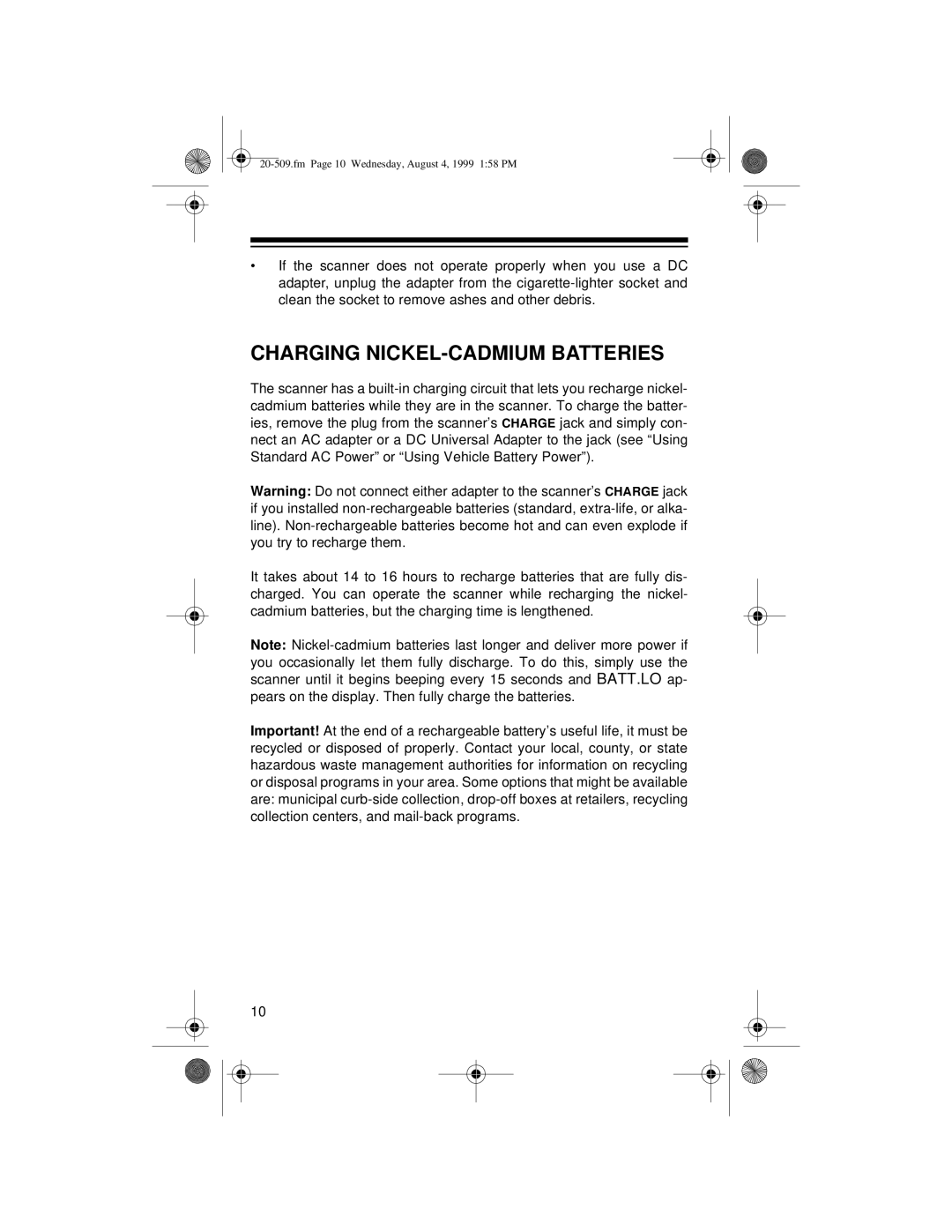 Radio Shack PRO-29 owner manual Charging NICKEL-CADMIUM Batteries 