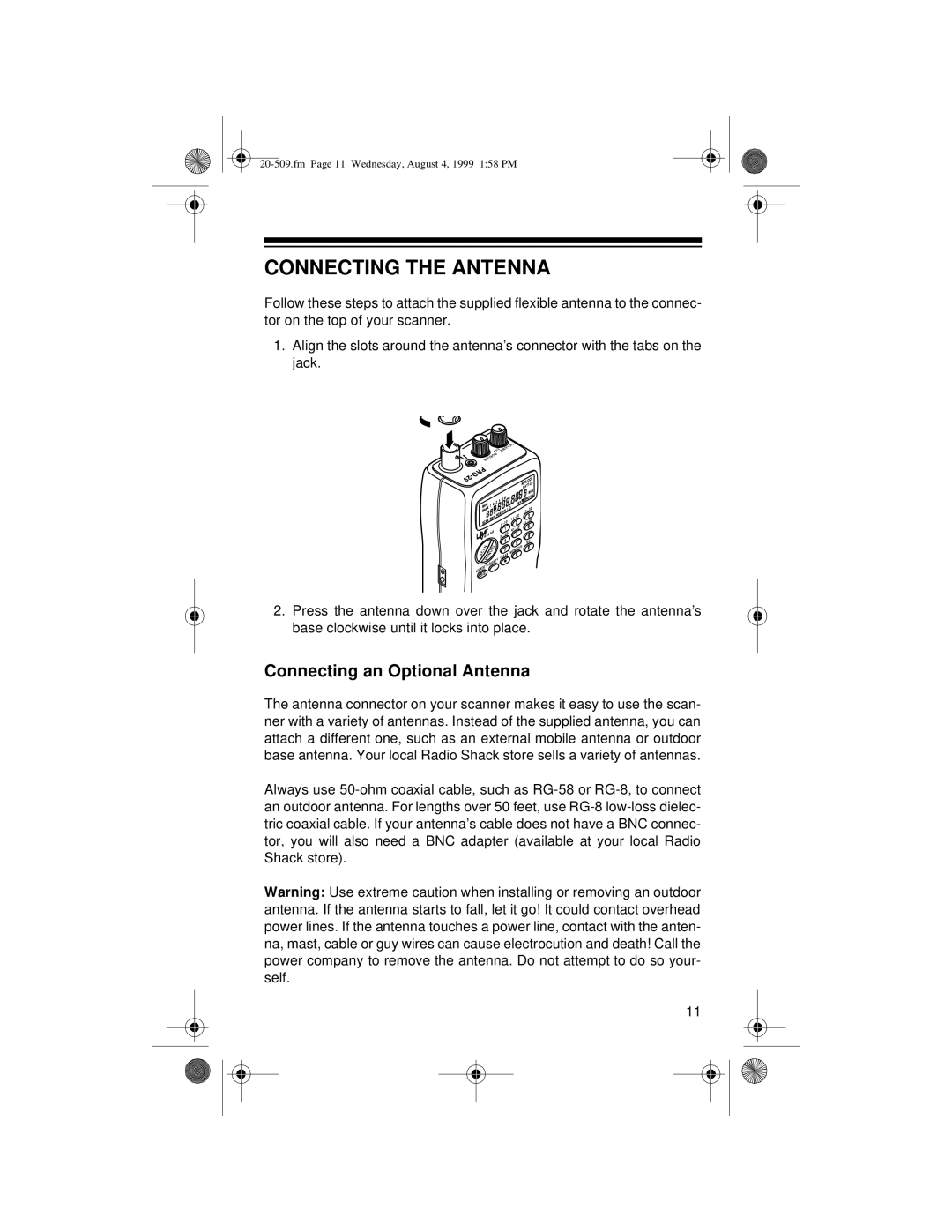 Radio Shack PRO-29 owner manual Connecting the Antenna, Connecting an Optional Antenna 