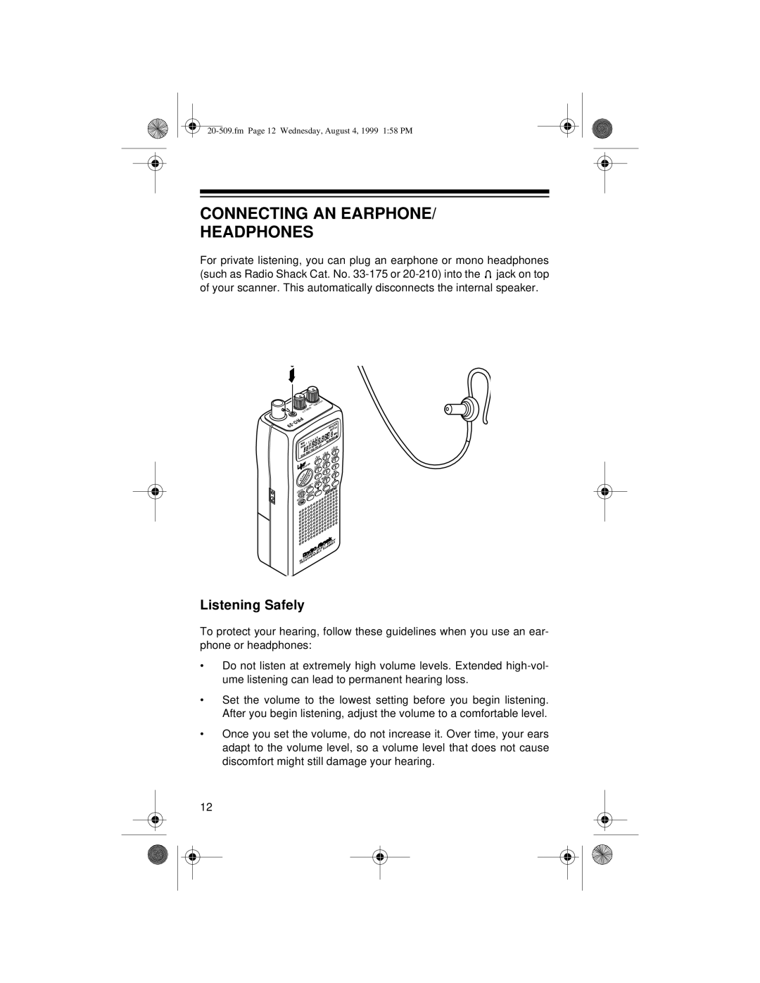 Radio Shack PRO-29 owner manual Connecting AN Earphone Headphones, Listening Safely 