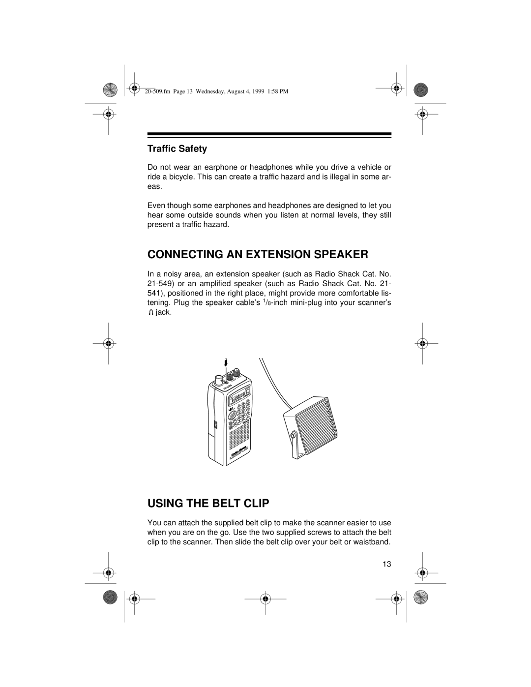 Radio Shack PRO-29 owner manual Connecting AN Extension Speaker, Using the Belt Clip, Traffic Safety 