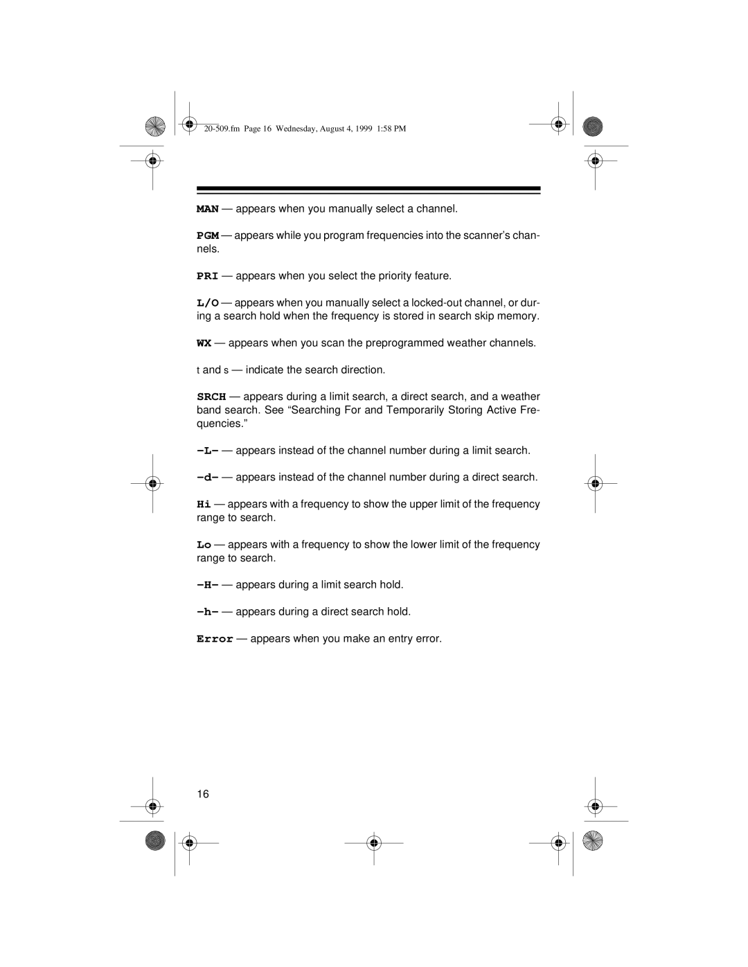 Radio Shack PRO-29 owner manual Fm Page 16 Wednesday, August 4, 1999 158 PM 