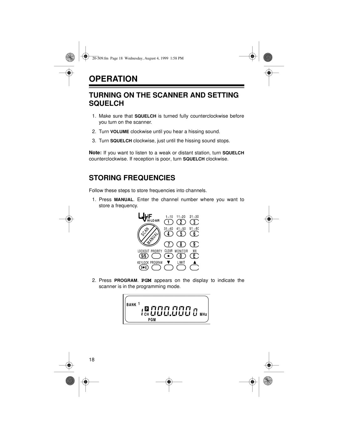 Radio Shack PRO-29 owner manual Operation, Turning on the Scanner and Setting Squelch, Storing Frequencies 