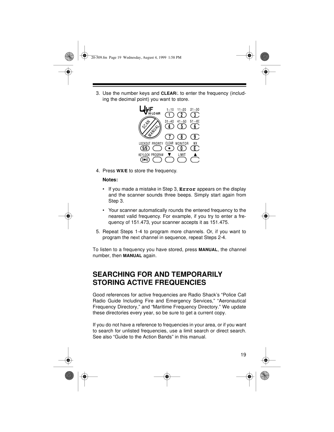 Radio Shack PRO-29 owner manual Searching for and Temporarily Storing Active Frequencies 