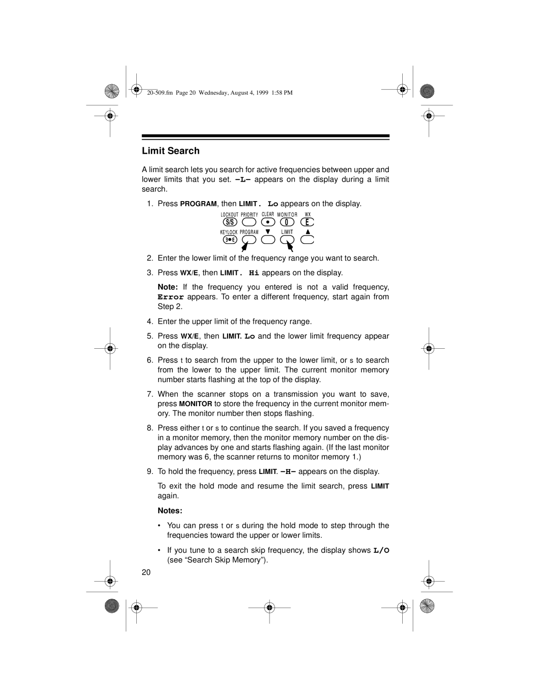 Radio Shack PRO-29 owner manual Limit Search 