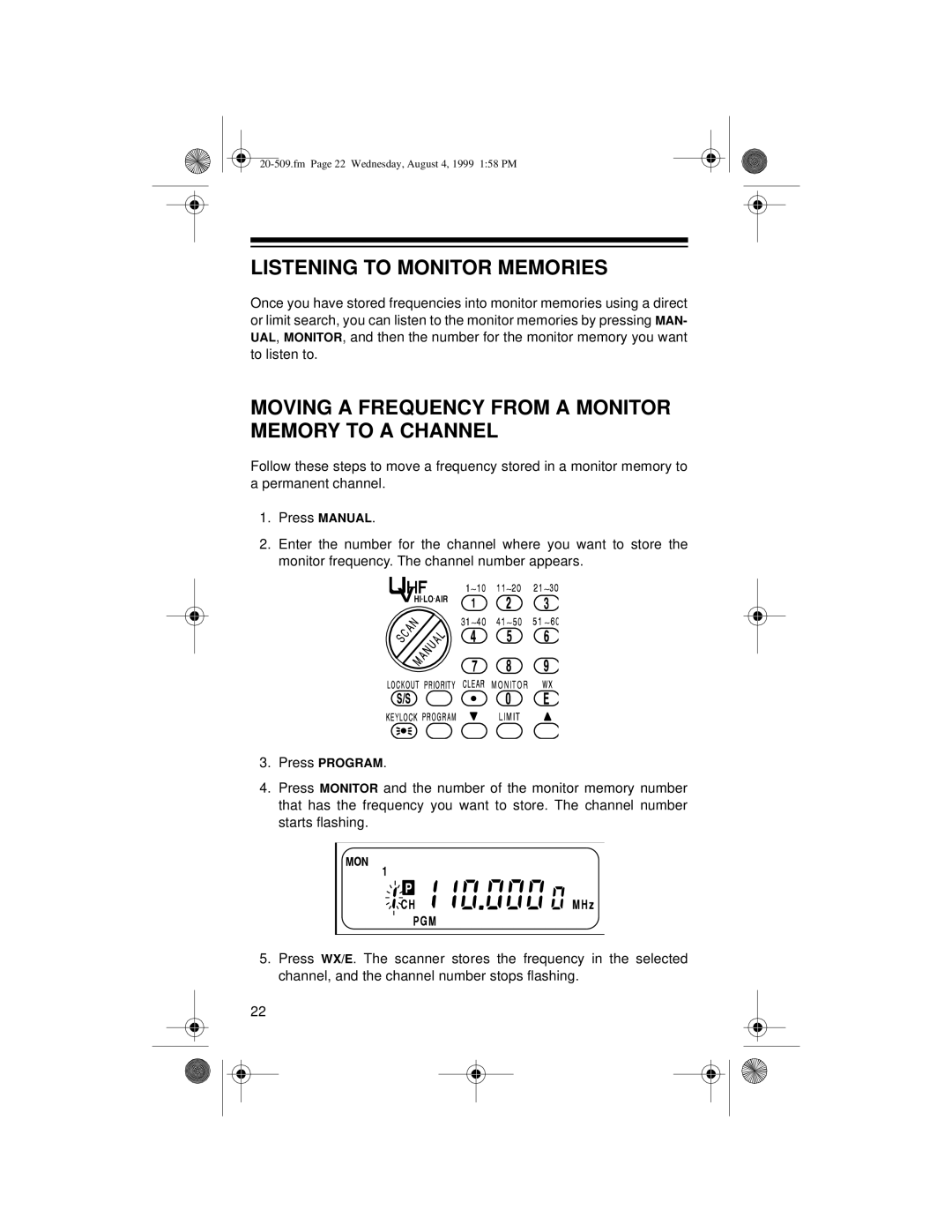 Radio Shack PRO-29 owner manual Listening to Monitor Memories, Moving a Frequency from a Monitor Memory to a Channel 