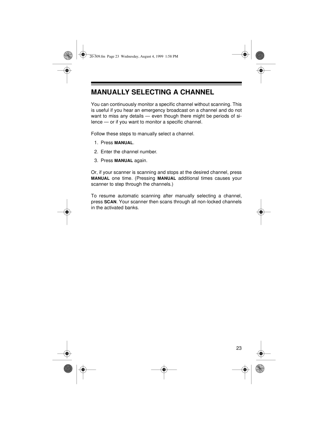 Radio Shack PRO-29 owner manual Manually Selecting a Channel 