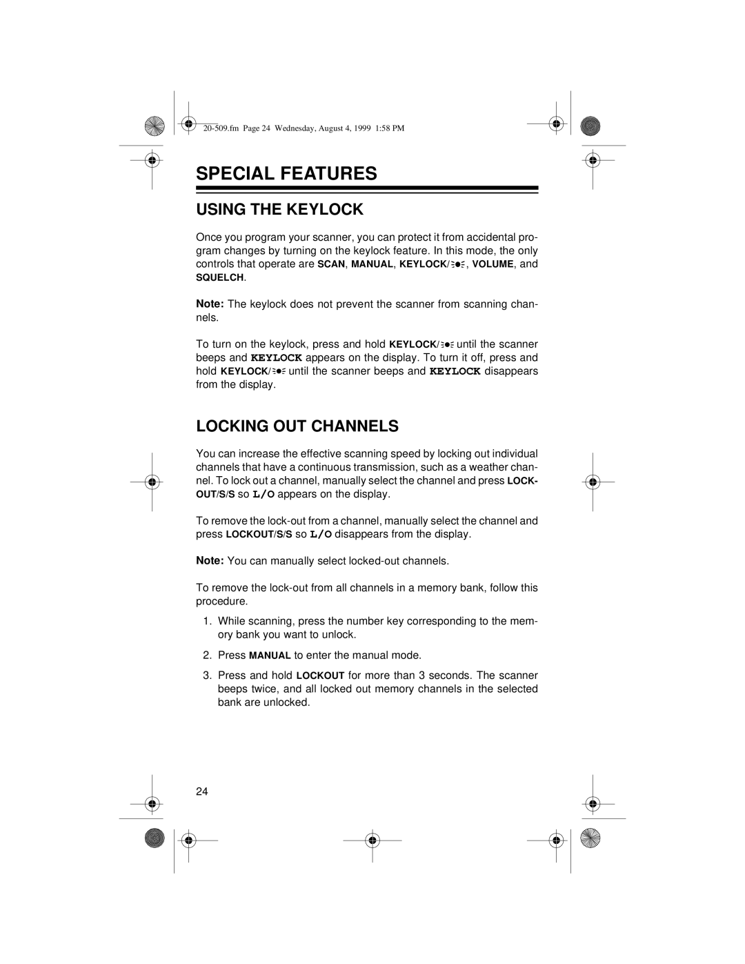 Radio Shack PRO-29 owner manual Special Features, Using the Keylock, Locking OUT Channels 