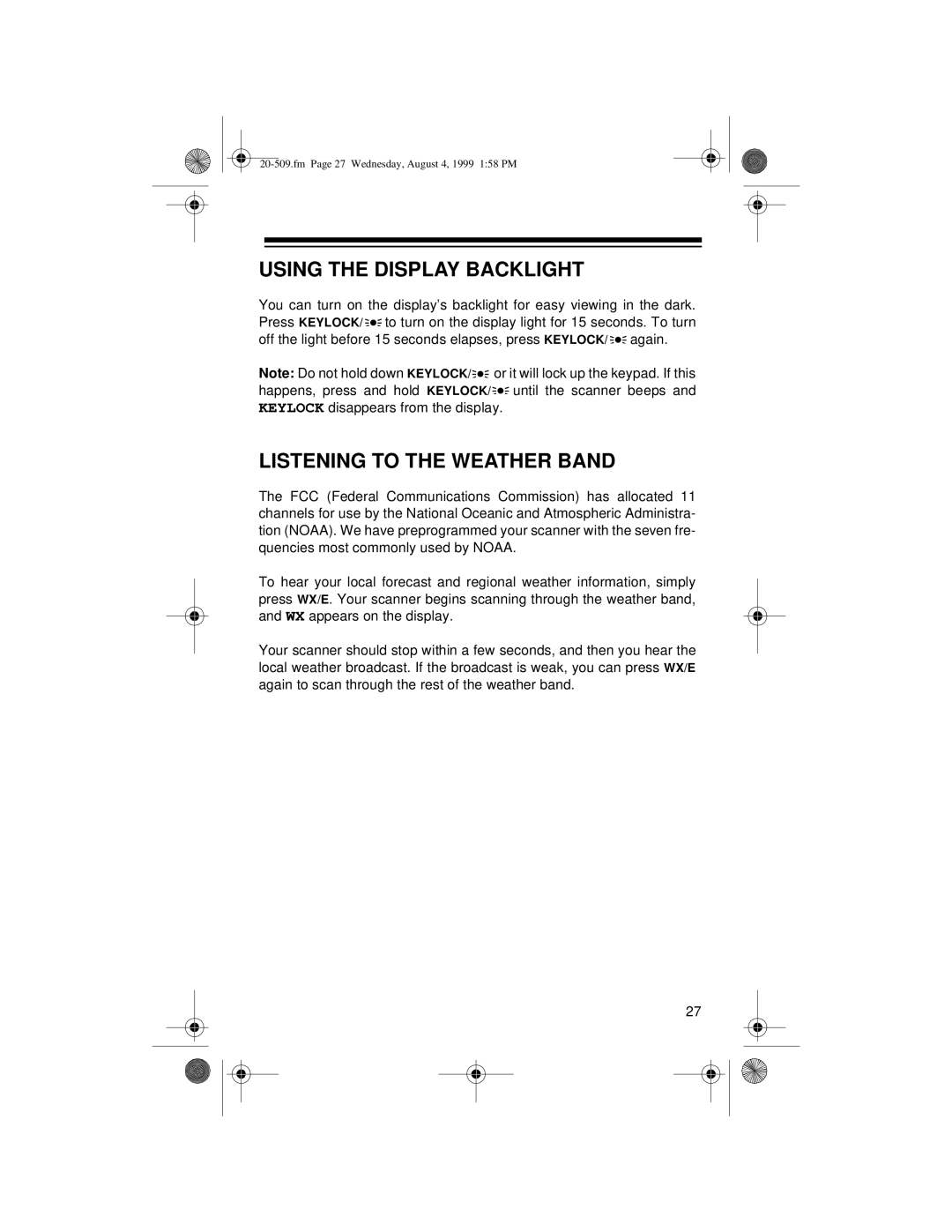 Radio Shack PRO-29 owner manual Using the Display Backlight, Listening to the Weather Band 