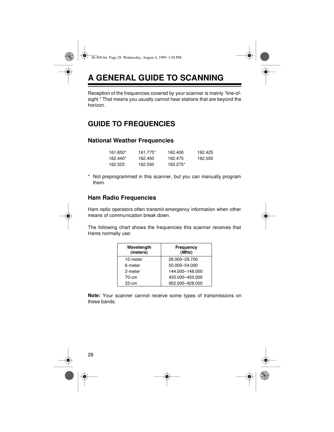 Radio Shack PRO-29 General Guide to Scanning, Guide to Frequencies, National Weather Frequencies, Ham Radio Frequencies 