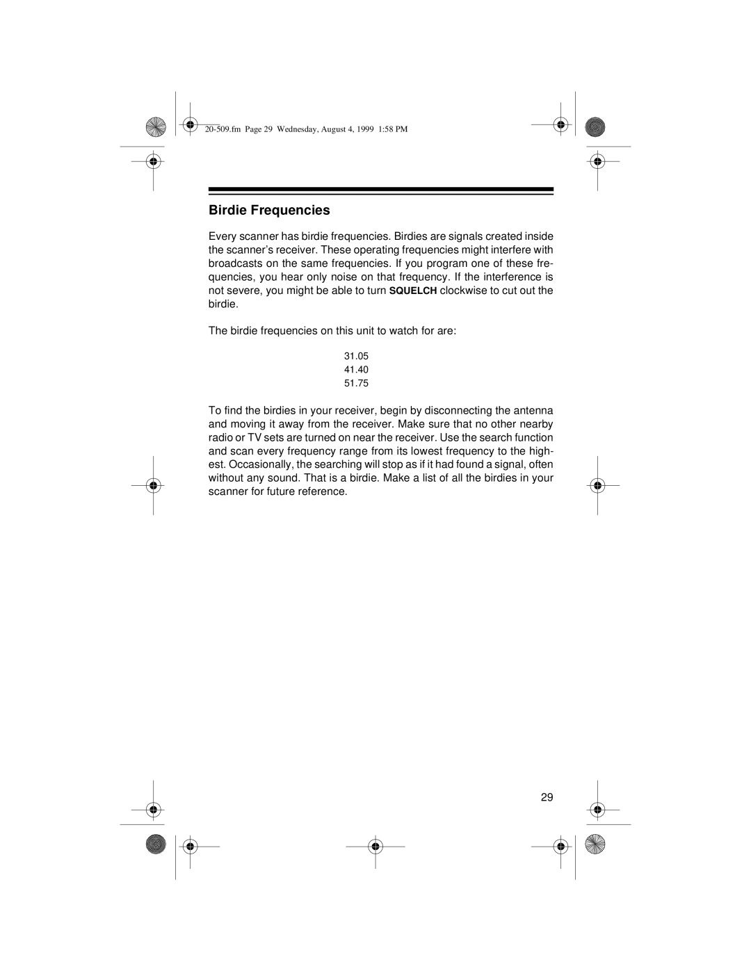 Radio Shack PRO-29 owner manual Birdie Frequencies 