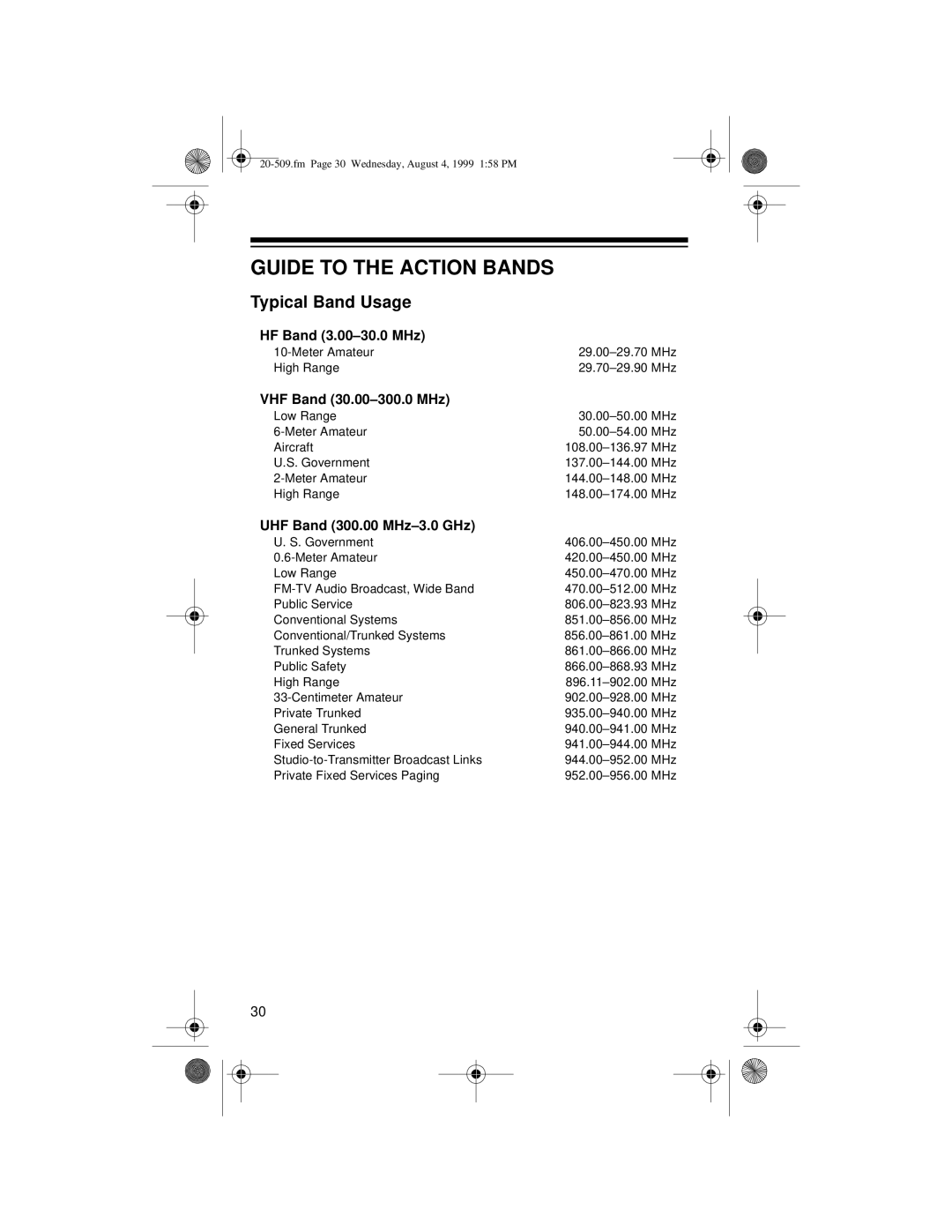 Radio Shack PRO-29 owner manual Guide to the Action Bands, Typical Band Usage 