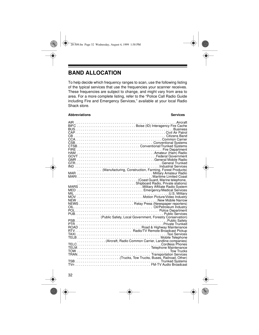 Radio Shack PRO-29 owner manual Band Allocation, Abbreviations 