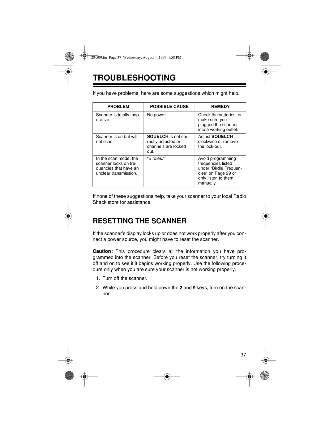 Radio Shack PRO-29 owner manual Troubleshooting, Resetting the Scanner 