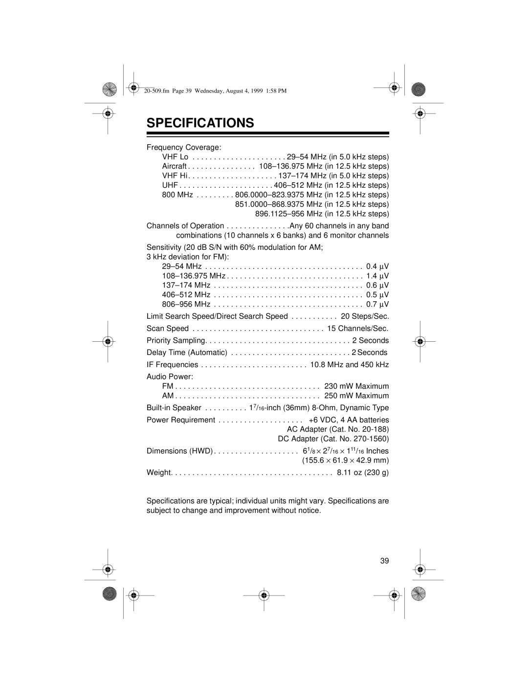 Radio Shack PRO-29 owner manual Specifications 