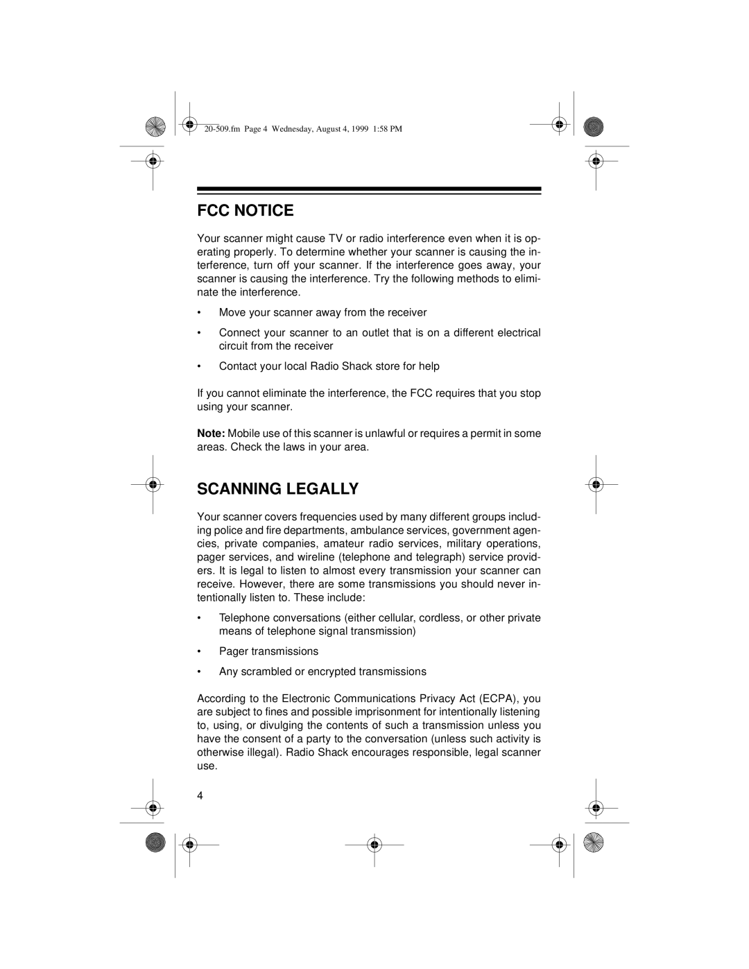 Radio Shack PRO-29 owner manual FCC Notice, Scanning Legally 