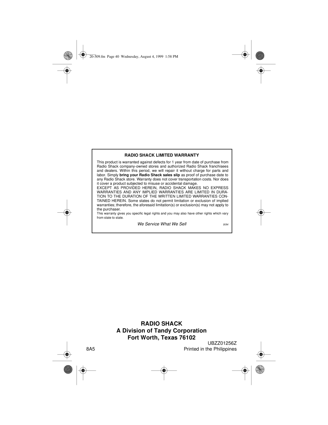 Radio Shack PRO-29 owner manual Division of Tandy Corporation, Fort Worth, Texas 