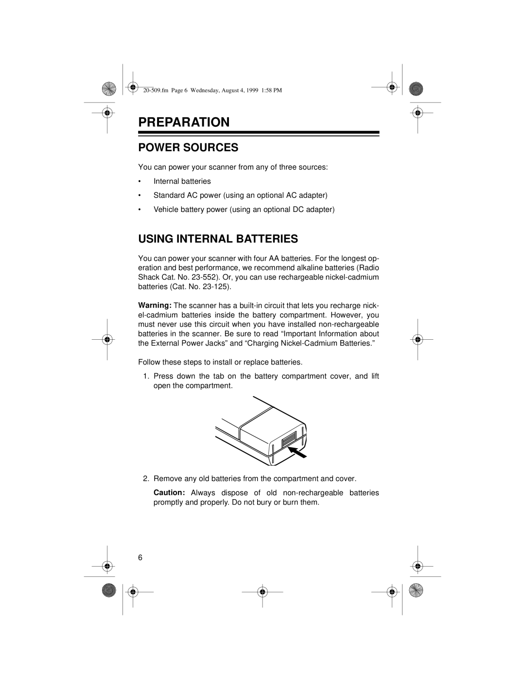 Radio Shack PRO-29 owner manual Preparation, Power Sources, Using Internal Batteries 