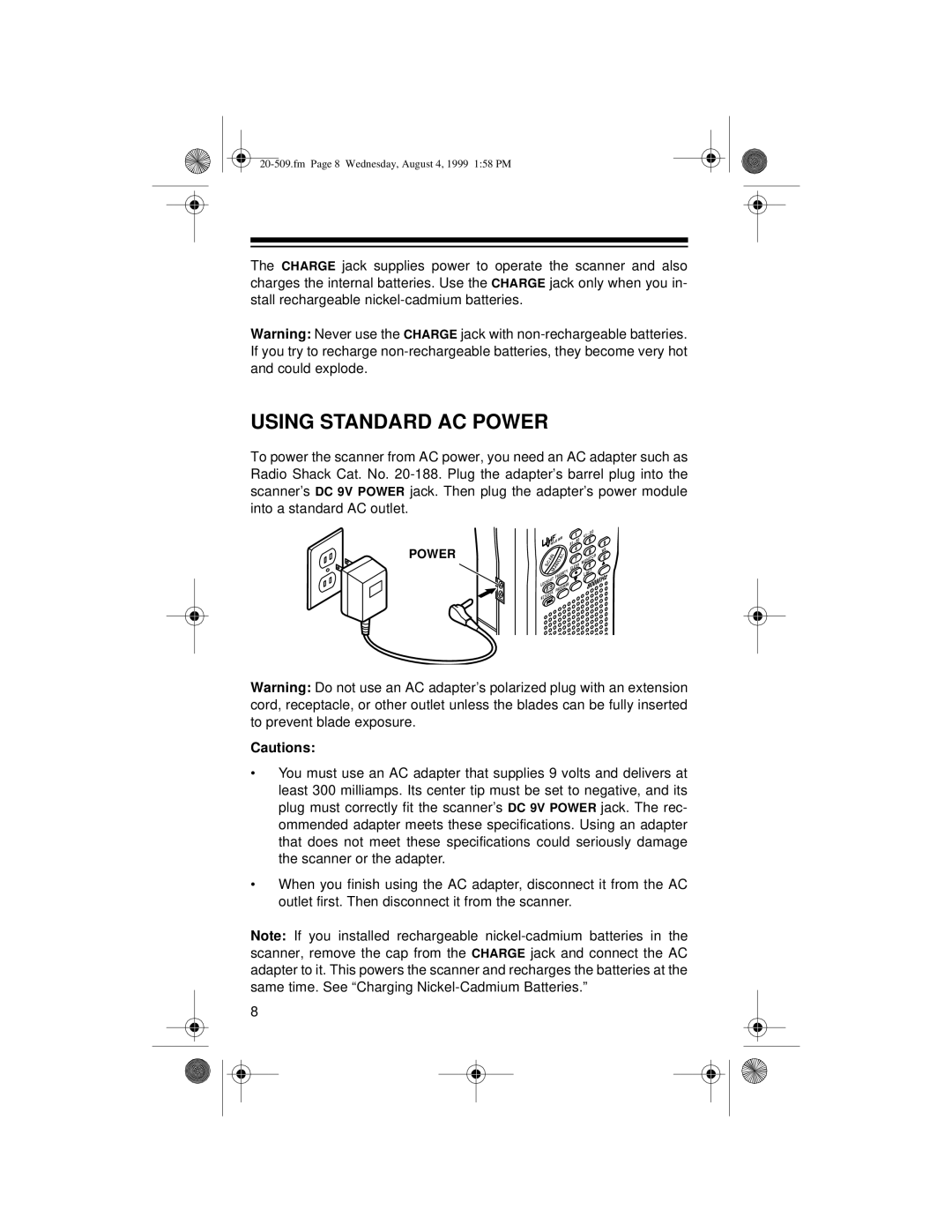 Radio Shack PRO-29 owner manual Using Standard AC Power 