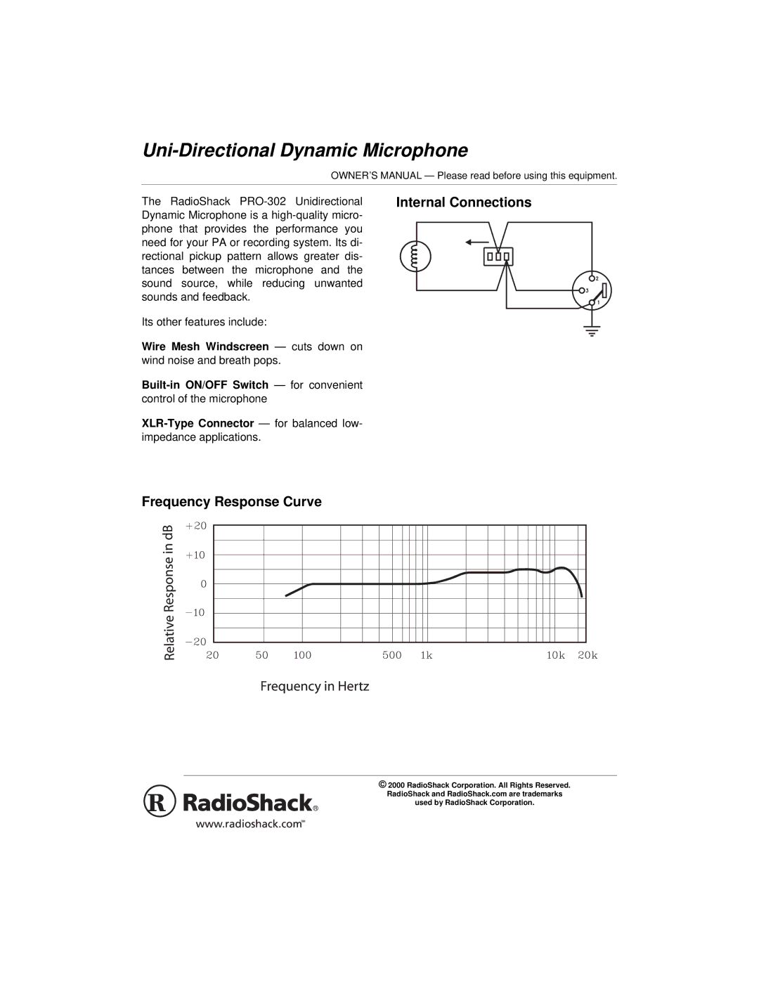 Radio Shack PRO-302 owner manual Uni-Directional Dynamic Microphone, Internal Connections 