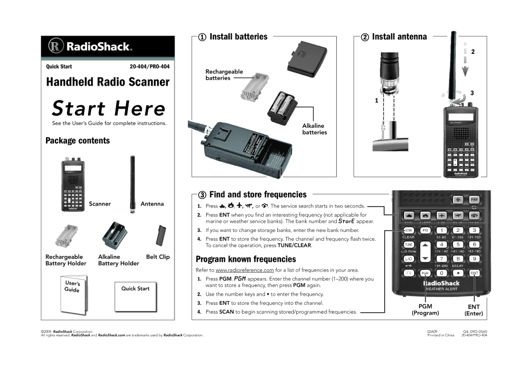 Radio Shack 20-404 quick start Start Here, Package contents Install batteries, Install antenna, Find and store frequencies 