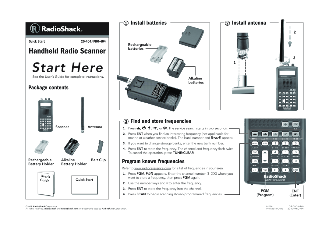 Radio Shack 20-404 quick start Start Here, Handheld Radio Scanner, Package contents, Install batteries, Install antenna 