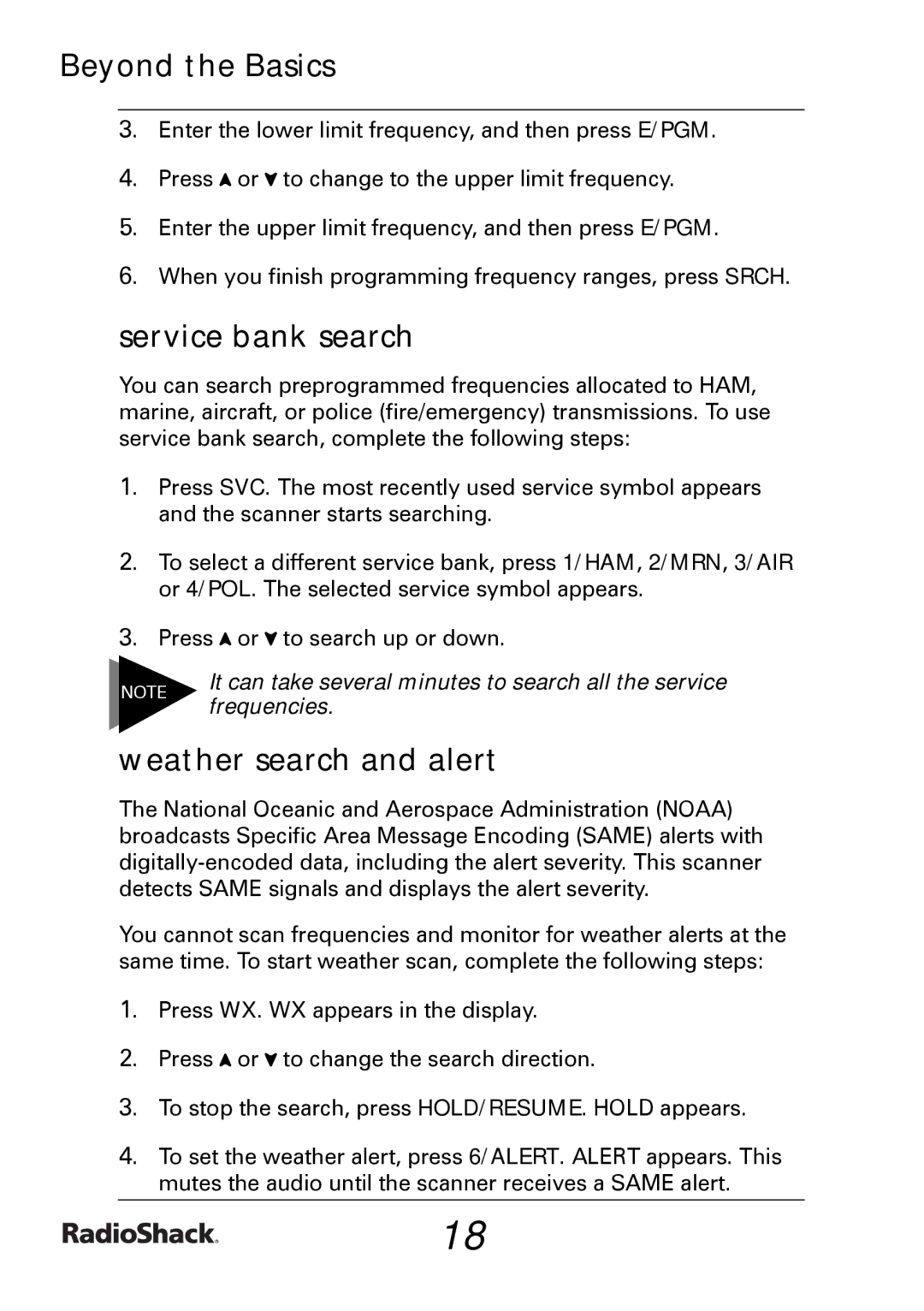 Radio Shack PRO-433 Service bank search, Weather search and alert, It can take several minutes to search all the service 