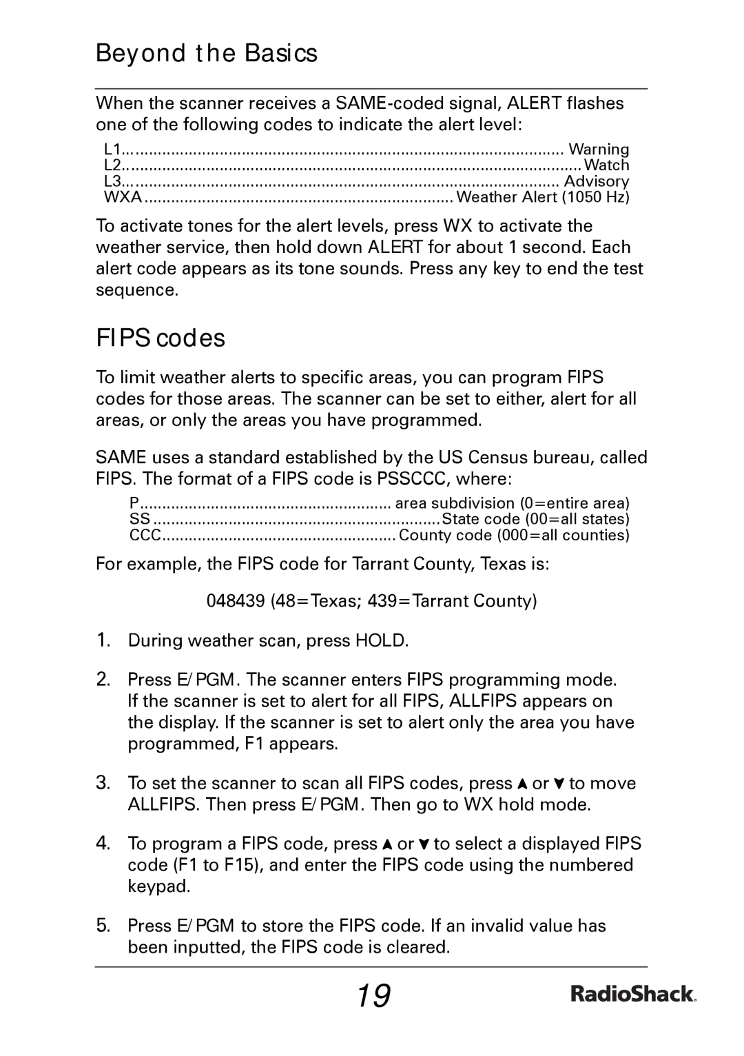 Radio Shack PRO-433 quick start Fips codes 