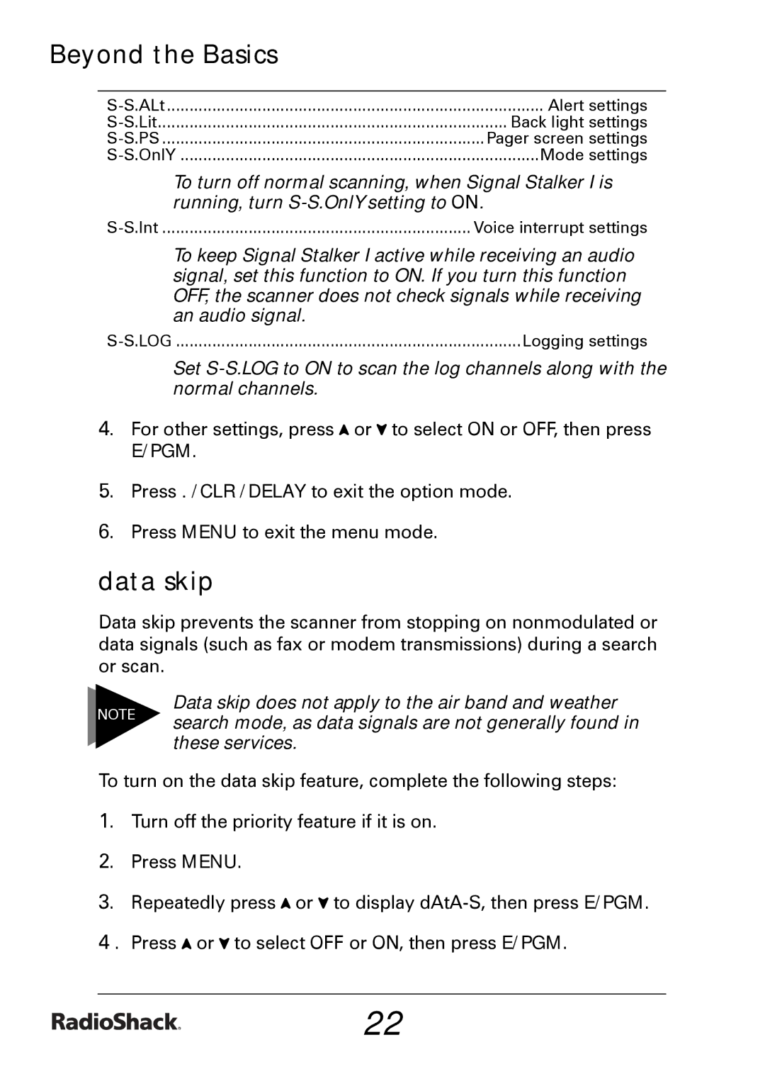 Radio Shack PRO-433 quick start Data skip 