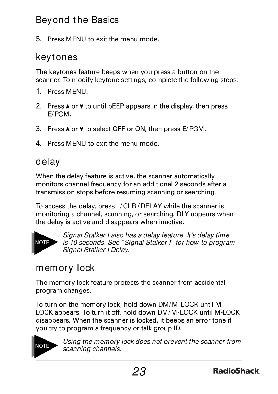 Radio Shack PRO-433 quick start Keytones, Delay, Memory lock, Using the memory lock does not prevent the scanner from 