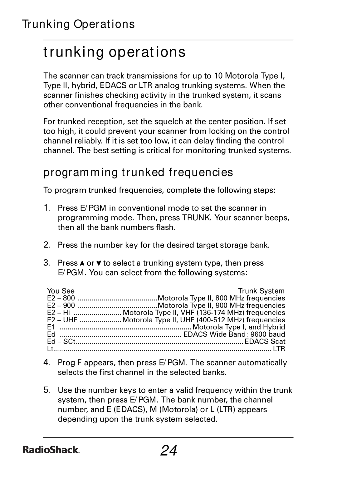 Radio Shack PRO-433 quick start Trunking operations, Programming trunked frequencies 