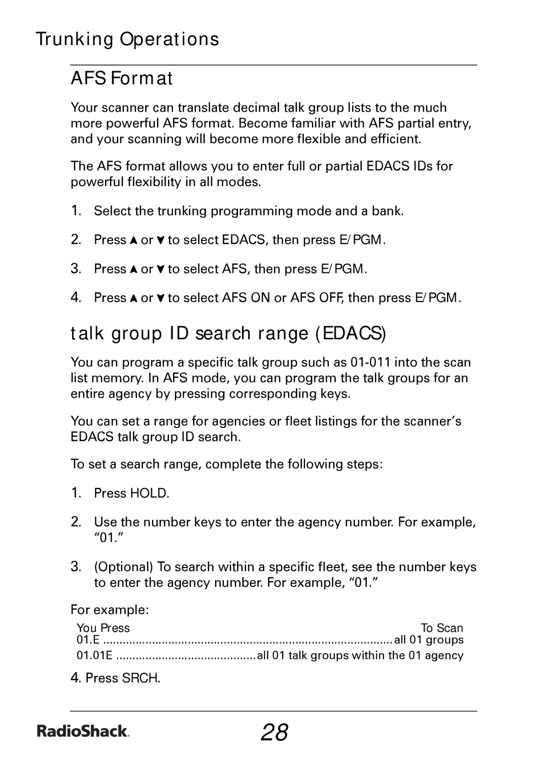 Radio Shack PRO-433 quick start Trunking Operations AFS Format, Talk group ID search range Edacs 