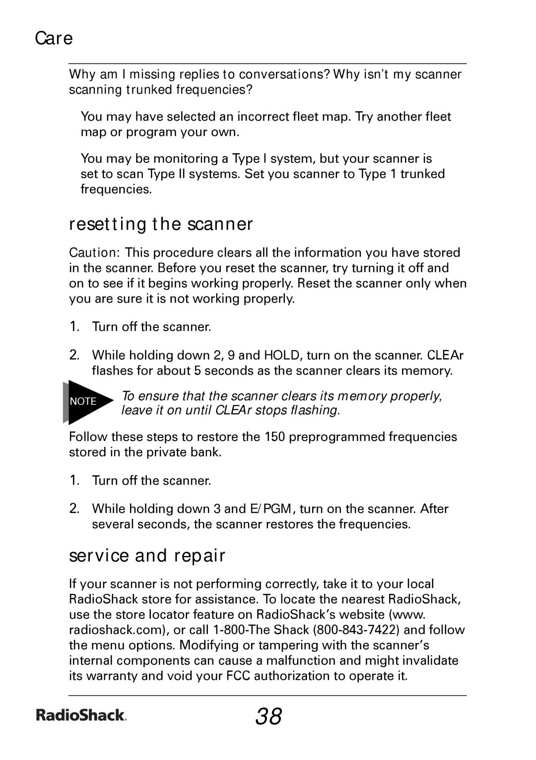 Radio Shack PRO-433 Resetting the scanner, Service and repair, To ensure that the scanner clears its memory properly 